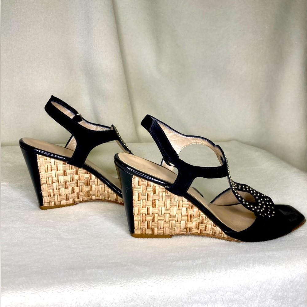 Aquatalia Wedge Sandal - Size 9 - Black Suede / Tan Basketweave